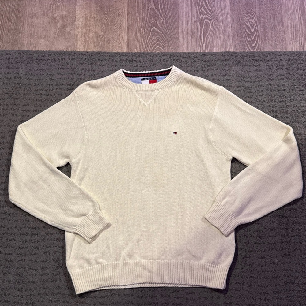 Tommy Hilfiger Cream Crewneck Sweater with Signature Stripes